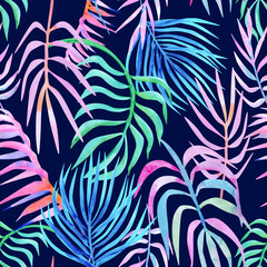 Night jungle leaves watercolor seamless tropic floral pattern
