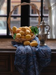 Still life with basket of apricots