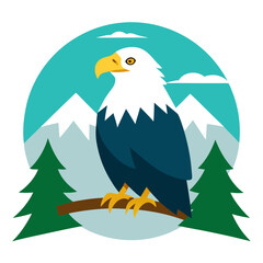 Majestic bald eagle perched in a snowy mountain landscape