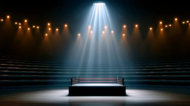 Dramatic Illumination of an Empty Boxing Ring Surrounded by Dark Seating in a Theatrical Arena