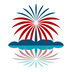 Red and blue fireworks reflected in water with clouds