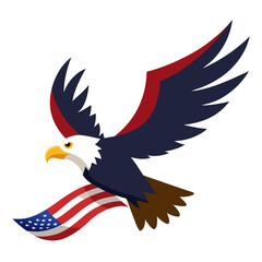 Obraz premium Majestic bald eagle soars with american flag in stylized illustration