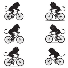 Obraz premium Creative Black Lion Character Vector Pack – Cool Jungle King in Human-Like Poses with Guitar, Cigarette, Gun, Bicycle, and Meditation Theme for Modern Graphic Projects . Thank You . 