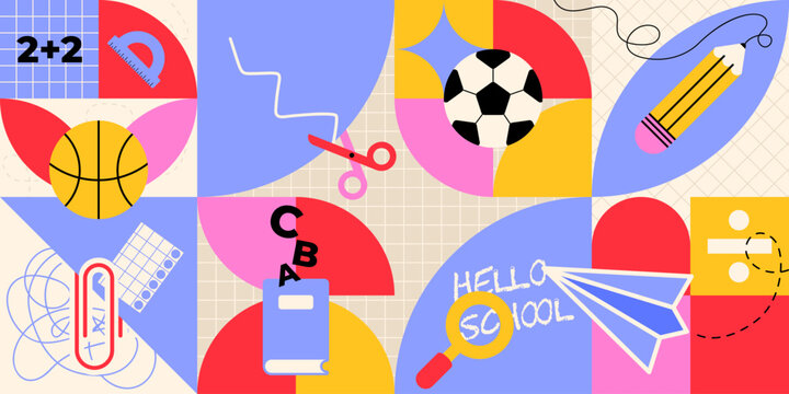 Back to school geometric pattern with colorful abstract shapes - basketball and soccer ball, pencil and scissors, books and educational elements in vibrant modern design for student supplies marketing