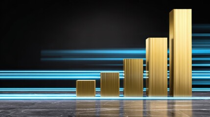Golden metallic rectangular columns in ascending order on reflective dark marble surface with vibrant blue light streaks creating a dynamic futuristic backdrop.