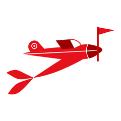 Red propeller plane with a flag on the propeller