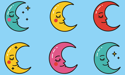 Sleepy Crescent Moon Faces ,A charming collection of six colorful crescent moon illustrations, each featuring a serene, sleeping face with closed eyes and rosy cheeks, some adorned with sparkling star