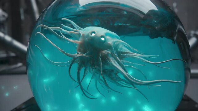 An alien organism characterized by tentacle-like appendages floats within a spherical container filled with a bright blue substance
