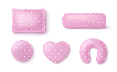 Pink pillow and cushion 3d set with white polka dot pattern. Sweet decorative shapes - rectangular and bolster, round and heart, neck travel. Cute nursery bedding for girls room, baby designs.