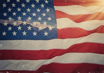 Obraz premium An american flag with mountains and clouds on the star field