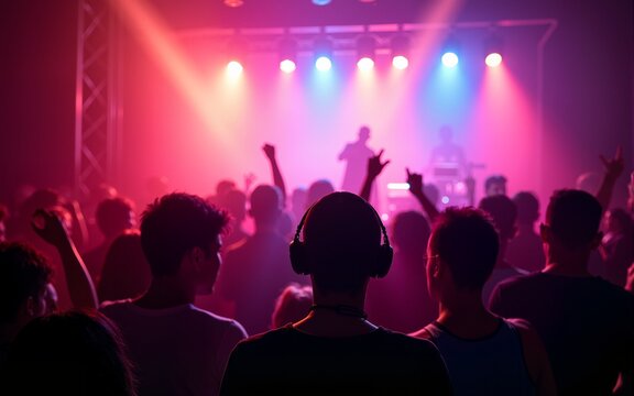 dj night club party rave with crowd in music festive. High quality