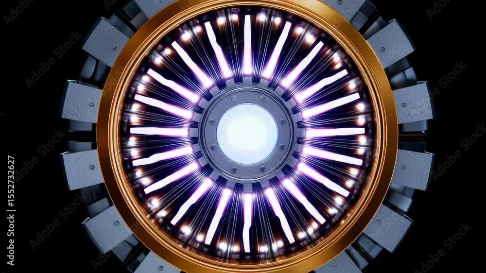 Poster dynamic circular energy source with glowing purple lights and metallic structure