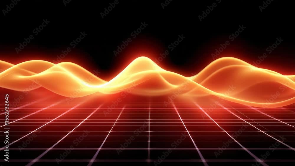 Poster dynamic flowing red and orange waves on a digital grid with futuristic atmosphere