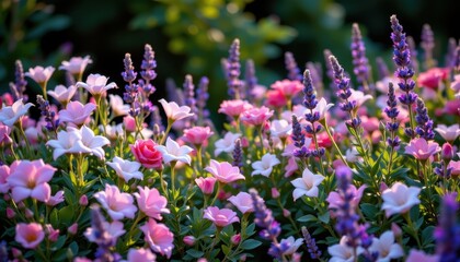 Fototapeta premium a dreamy garden bursting with blooming jasmine, rose, and lavender flowers glowing softly, representing their essential oils used in exquisite perfumes worldwide.