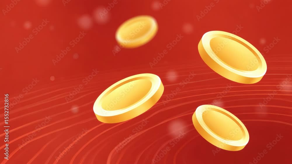 Poster dynamic golden coins falling against warm red background creating sense of wealth and prosperity