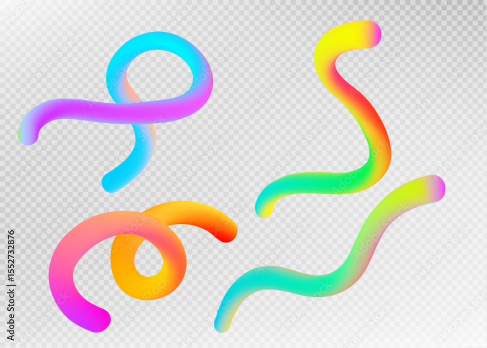 Poster rainbow gradient ribbon shapes floating on transparent bg - colorful geometric curves and swirls wit