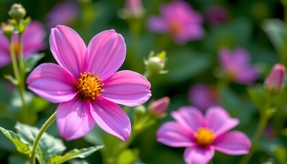 Fototapeta premium a close up view of a vibrant pink flower, likely a dahlia, surrounded by green leaves in what appears to be a garden or field setting