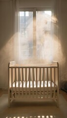 Empty crib in a sunlit nursery with a warm and serene atmosphere