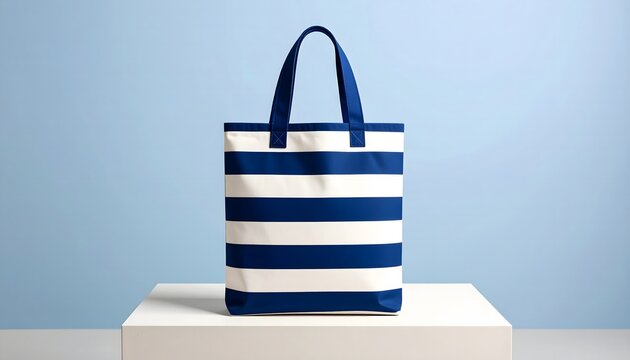 Stylish tote bag with blue and white stripes, perfect for everyday use. The bag sits on a white pedestal against a soft blue backdrop. A tote bag placed on a podium in studio setting.