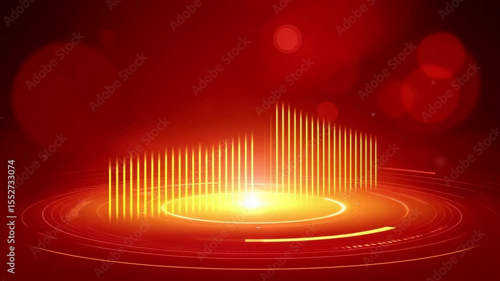 Poster dynamic sound wave visualization with glowing bars over a vibrant red background