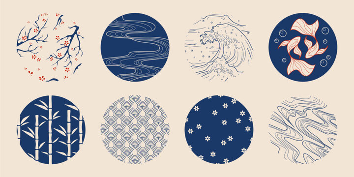 Japanese tradition circle patterns - cherry blossoms, ocean waves, koi fish, bamboo and flowing water designs. Asian decorative elements with sakura branches, blue geometric shapes and nature motifs.