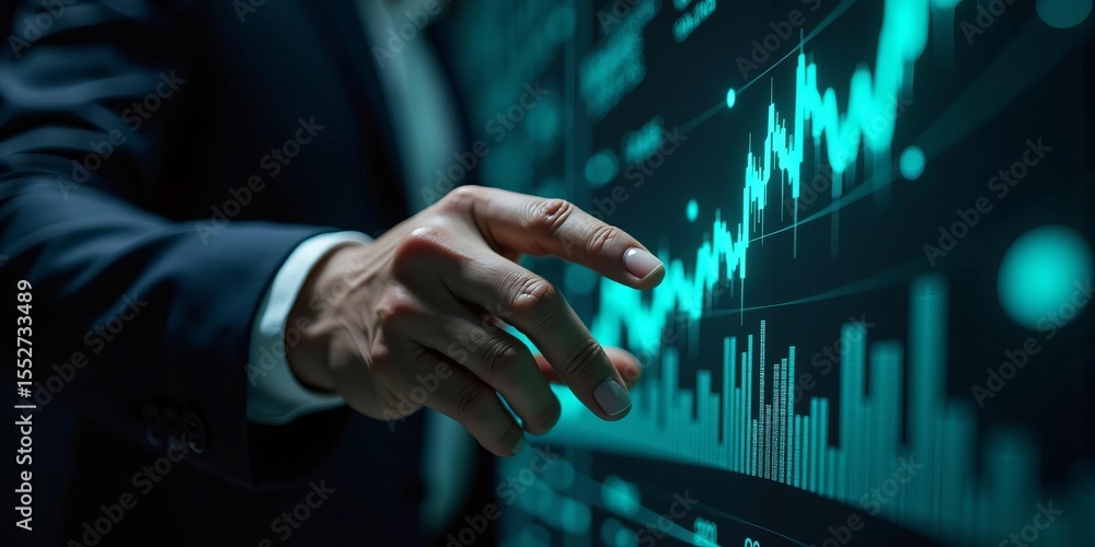 Poster financial growth and market analysis with businessman interacting with digital stock chart and data 