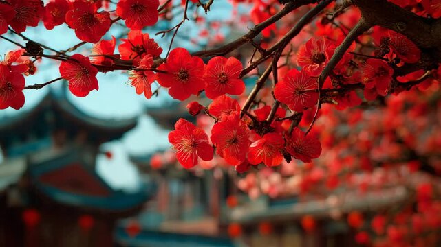 Vibrant red plum blossoms in full bloom against a softly blurred background of traditional Asian architecture. Close up view showcasing the delicate details of the flowers and the rich color.