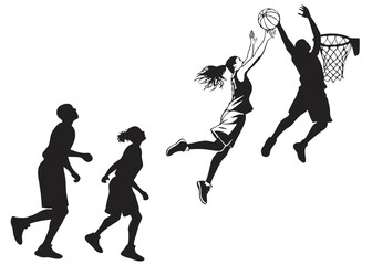 Dynamic Basketball Action Silhouette Featuring Players Jumping Reaching for the Ball and a Net