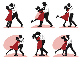 Fototapeta premium Six Silhouettes of Couples Dancing Romantic Ballroom Dance Poses