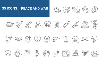 Peace and War icon set in line style. Includes symbols of conflict, harmony, military, diplomacy, and unity. Perfect for web and mobile UI. Editable stroke. Vector illustration.