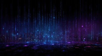 Digital rain cascades over a futuristic cityscape, glowing blue and purple, creating a mesmerizing blend of data streams and urban architecture