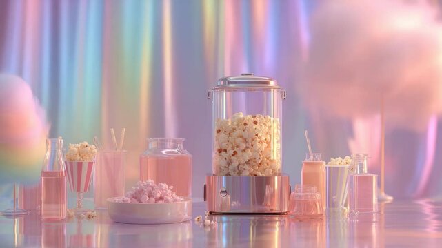 Pastel pink and rose gold popcorn machine surrounded by pink drinks and cotton candy on a reflective surface with a holographic backdrop. Sweet and dreamy mood.