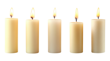 Set of burning candles with glowing flames isolated on white background
