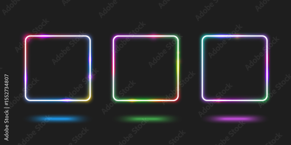 Poster neon square frame set glowing on dark background - purple, green and blue gradient borders with refl