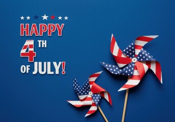 Happy 4th of july with patriotic pinwheels on a blue background