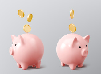 Pink 3d piggy banks with golden money coins falling above - ceramic savings containers with cute faces, ears and legs for financial concept. Investment wealth accumulation in traditional money storage