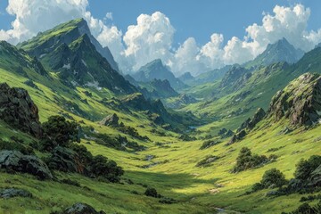 Obraz premium Peaceful valley surrounded by lush green mountains under a vibrant blue sky