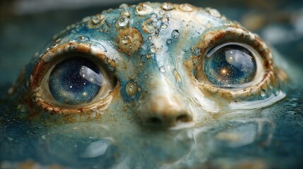 A surreal, bizarre, and fragmented vision. 
Close-up of a turtle's head partially submerged in water, showcasing detailed textured skin and reflective eyes with cosmic-like patterns.
