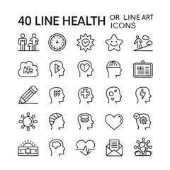40 Line Art Health Icons Wellness, Fitness, and Mental Health Line Illustrations