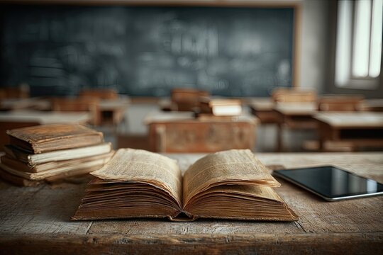 An antique book lies open on a weathered wooden desk in a dimly lit classroom, stacks of aged books nearby, a tablet rests beside it, a chalkboard blurred in the background