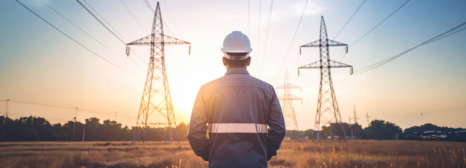 Engineer standing at high voltage transmission power station.