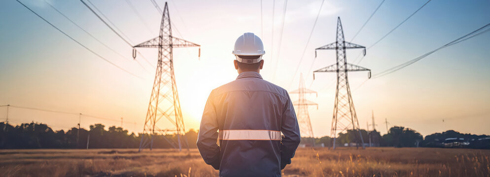 Engineer standing at high voltage transmission power station. - Powered by Adobe