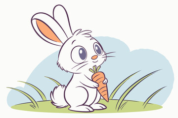 Cute Cartoon Bunny Holding a Carrot in Grass