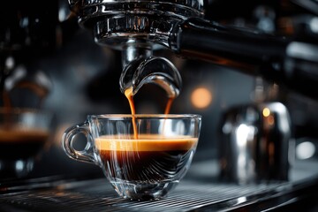 Espresso machine pouring rich, dark espresso into a clear glass cup; warm lighting highlights the process