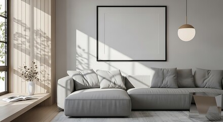 Modern living room with light grey sectional sofa abstract coffee table and natural light streaming through window