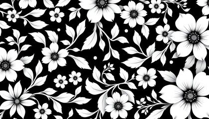 Obraz premium the image is split into two halves. on the left side, there's a black and white floral pattern with large blooms and smaller ones scattered around, along with some leaves