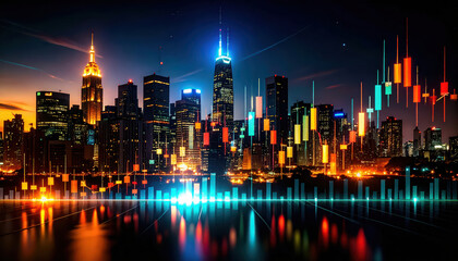 Photography of a Virtual financial stock market graph with upward trending lines and candlestick charts on the background of an urban skyline.