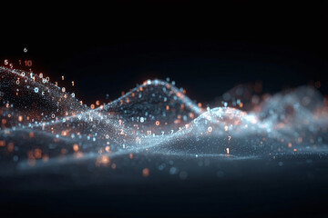 Abstract digital wave with glowing particles and floating numbers representing data flow and decentralized finance, creating futuristic and dynamic atmosphere