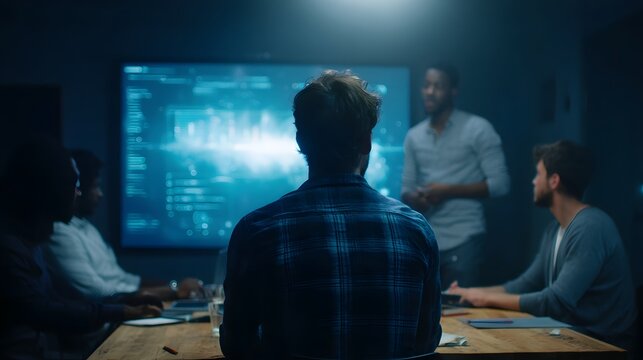 Startup team reviewing data dashboard in tech workspace