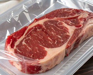 Fototapeta premium Close-up of fresh beef rib-eye steak vacuum-sealed for commercial sale.